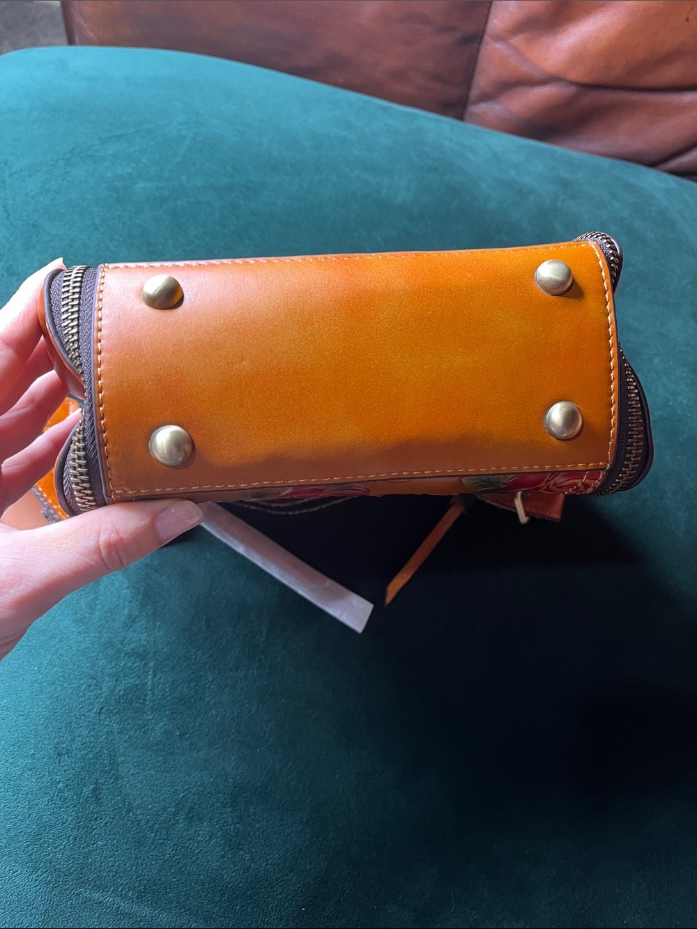 Orange Floral Embossed Leather Crossbody Bag - Women's Shoulder Bag - Picture 7 of 7